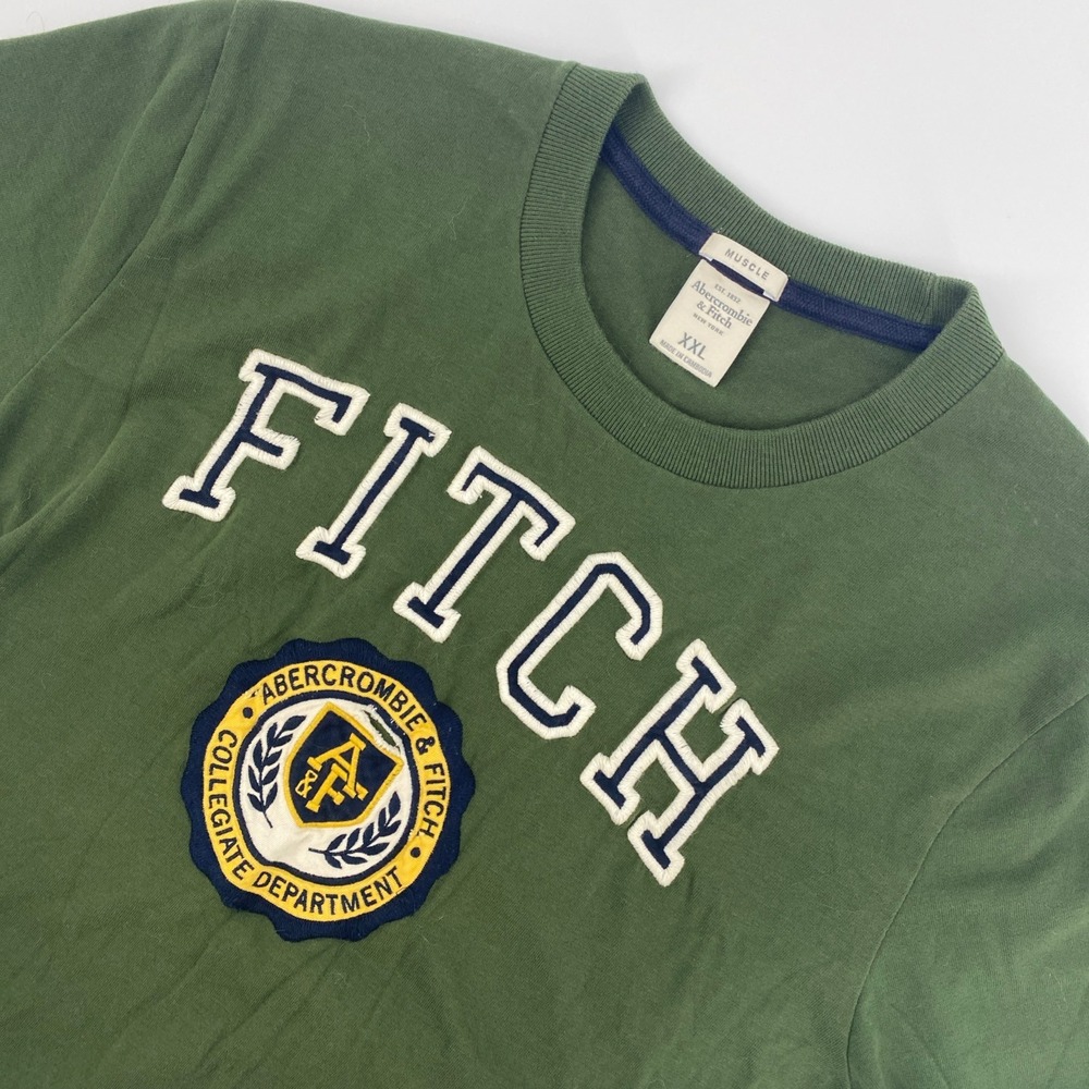 Abercrombie Fitch T Shirt Mens XXL Green Muscle Y2K Collegiate Patch Varsity